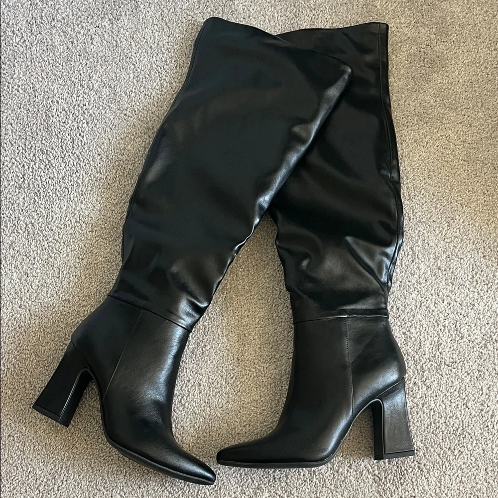 Michael Shannon Black Faux-Leather Over-The-Knee Block Heel Boots
